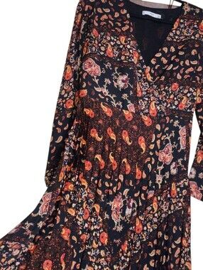 Mango MNG Maxi Dress Sz. Med Paisley Accordian Pleated Patchwork Long Sleeve
